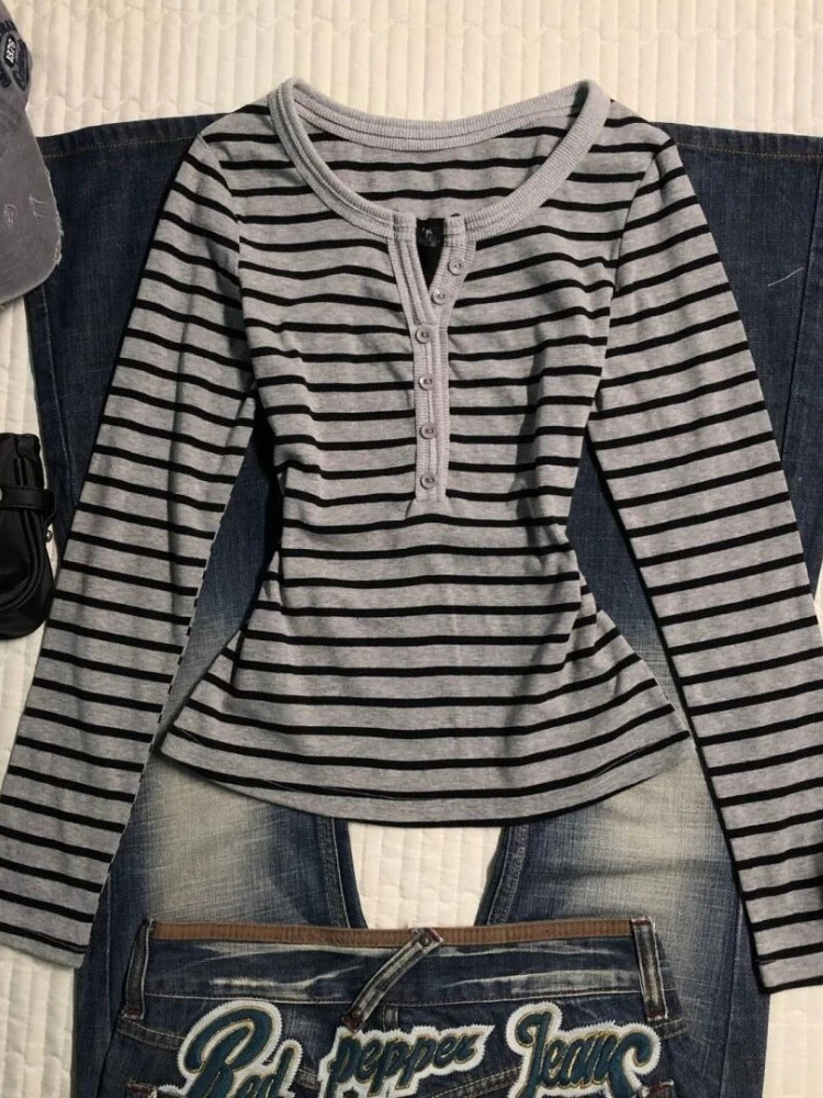 HOUZHOU 빈티지 스트라이프 티셔츠 고딕 하라주쿠 일본 스타일 긴팔 티셔츠 그런지 패션 슬림업 티셔츠 스트리트웨어