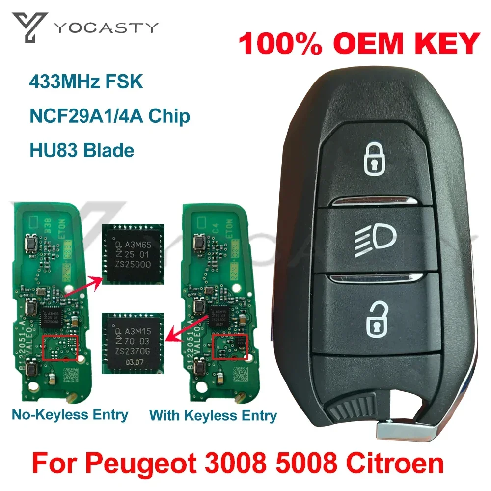 YOCASTY Oryginalny inteligentny kluczyk samochodowy OEM 314,85 MHZ 4A Chip Reflektor do PEUGEOT 208 308 3008 5008 2017-2023 CITROEN C4 C3 tourer