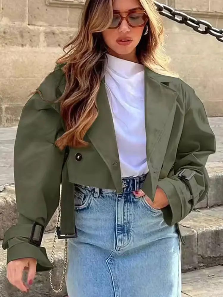HH Women Fashion Cropped Jacket With Belt Solid Vintage Long Sleeve Notched Neck Trench Coat Spring Lady High Street Outwear