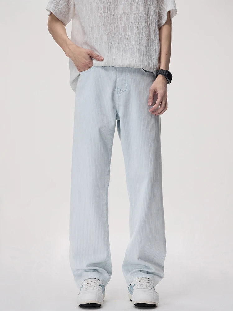 

KSTUN Sky Blue Vertical Stripe Texture Lyocell Jeans Men Loose Straight Clean Fit Jeans Casual Male Denim Pants Japanese Style