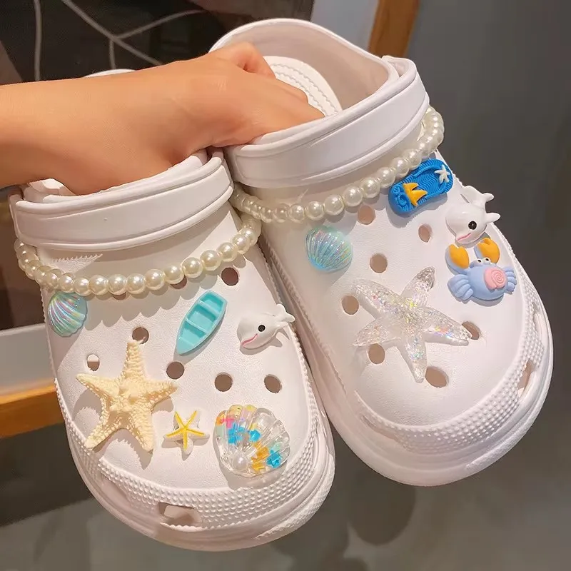 Aksesori sandal bakiak DIY dapat dilepas pita sepatu pesona berlian air rantai mutiara anak perempuan seri kristal musim panas