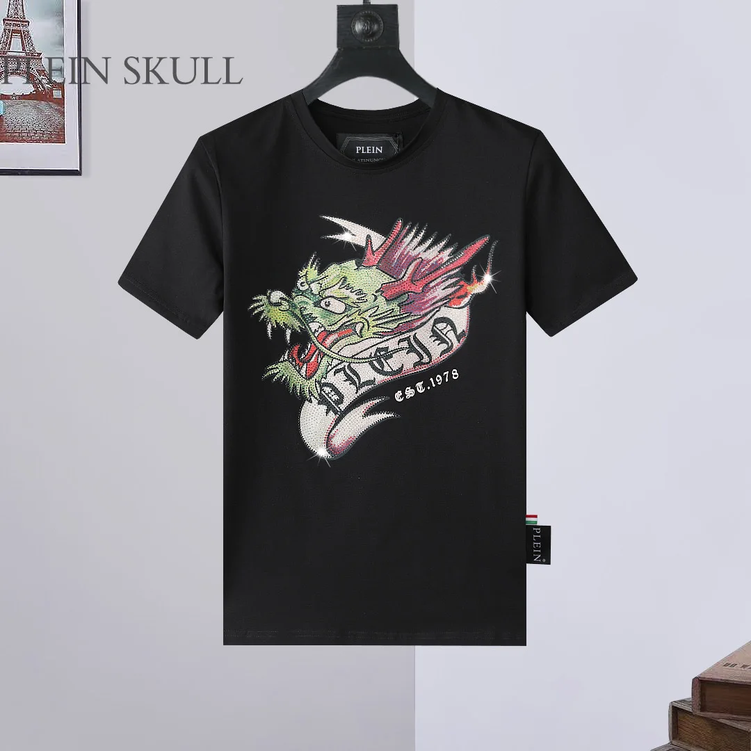 PLEIN SKULL Dragon Head Hot Diamond Short Sleeve Summer Breathable Men's Fitness T-shirt Breathable Men's and Women's Sports Top