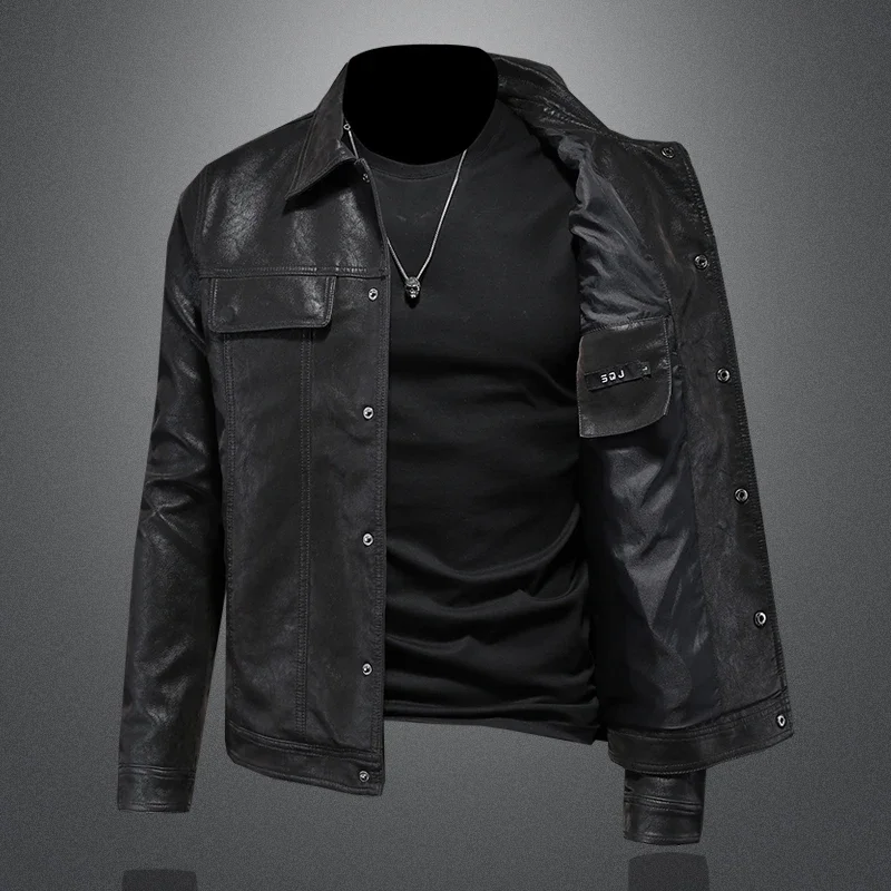 2024 Autumn Winter New Men's Fashion Handsome with Solid Color Lapel Motorcycle Leather Coat Slim Stylish Man  M-4XL