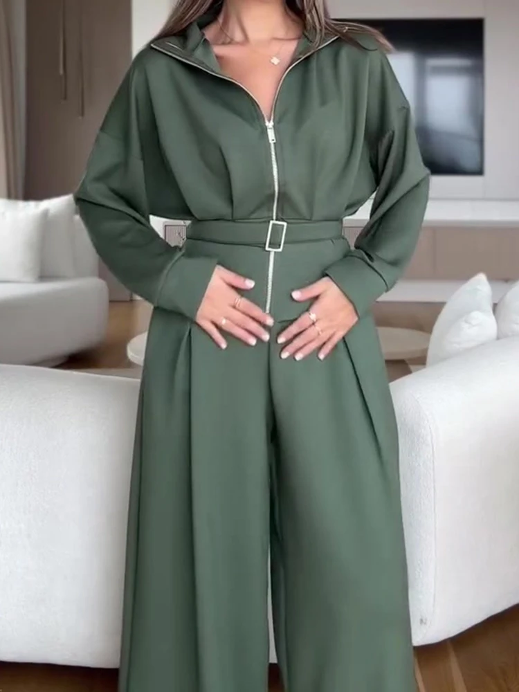 New Lapel Long Sleeve Zipper Tops&Pocket Pants Sets Fashion Casual Women's Sport Sets Elegant High Waist Belt Commute Two Piece