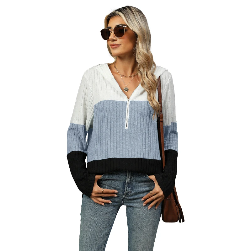 

Women New Loose Contrast Color Splicing Zipper Hooded Long Sleeve Tops for Women