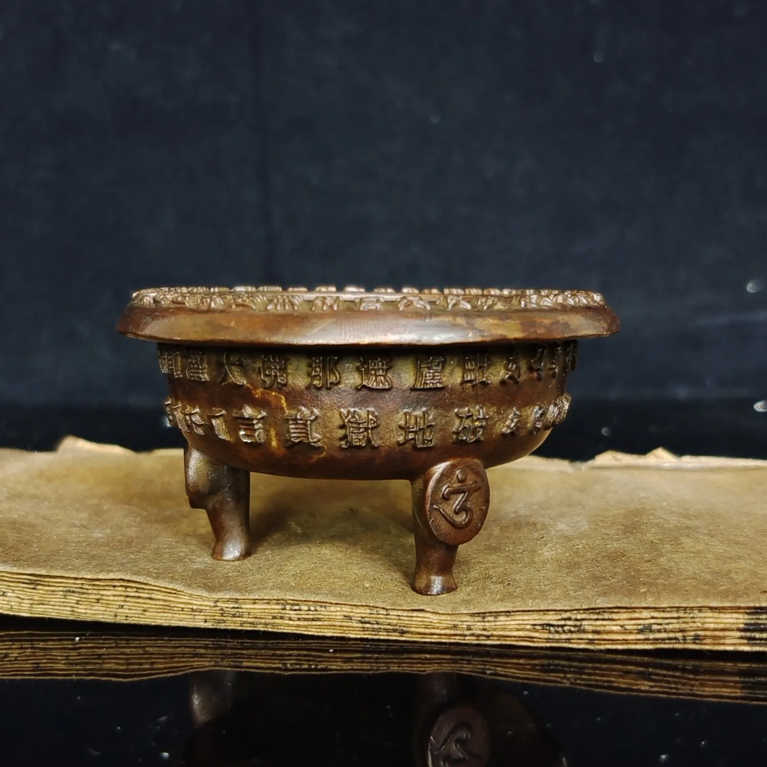 Chinese Carved Buddhism Sanskrit Three Legged Incense Burner Censer Crafts