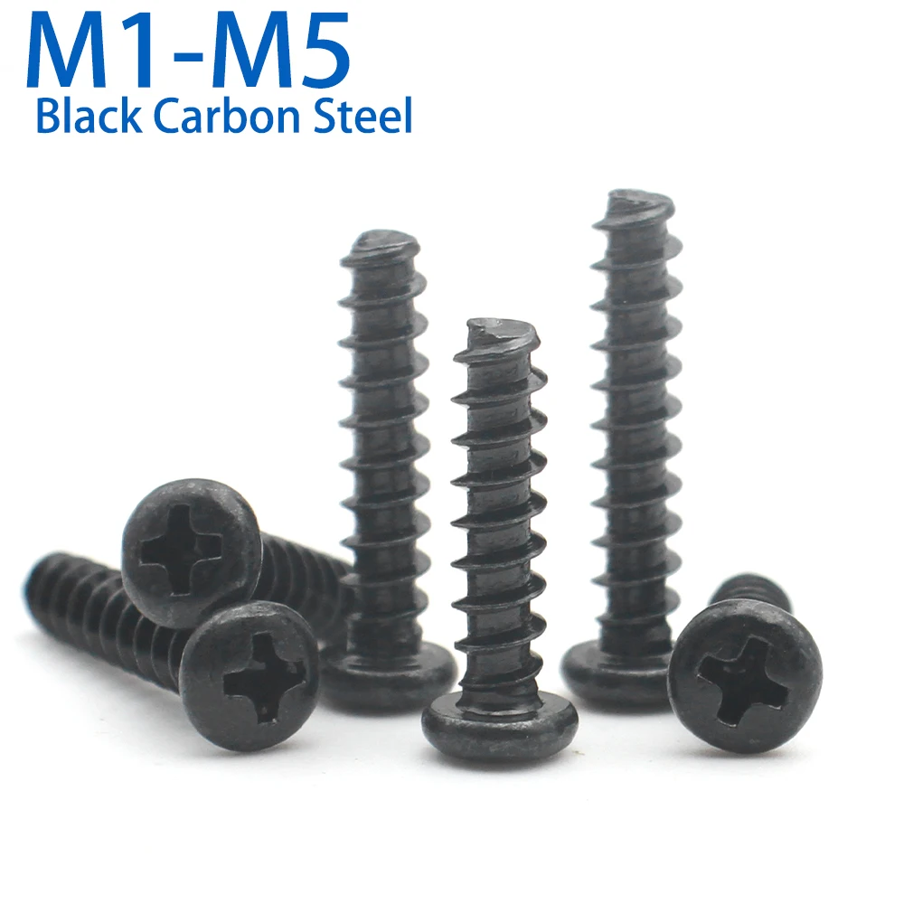 100pcs M1 M1.2 M1.4 M1.7 M2 M2.3 M2.6 M3 M3.5 M4 M5 Black Carbon Steel Mini Cross Recessed Phillips Pan Head Self-tapping Screw