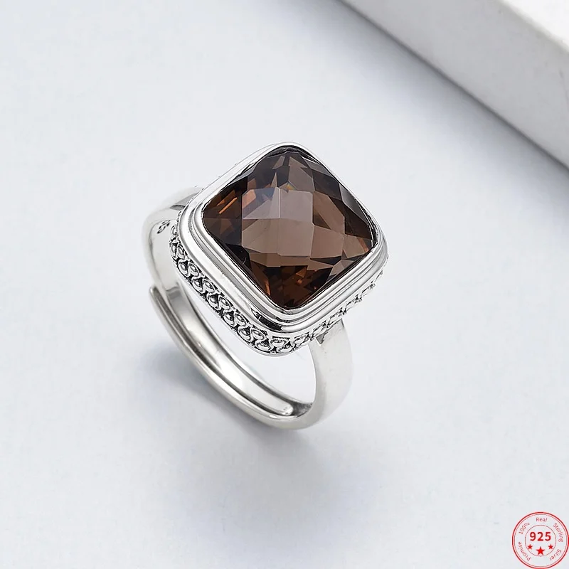 

S925 Sterling Silver Charms Ring for Women Men Retro Pattern Inlaid Tangent Plane Smoky Quartz Fashion Jewelry Wholesale