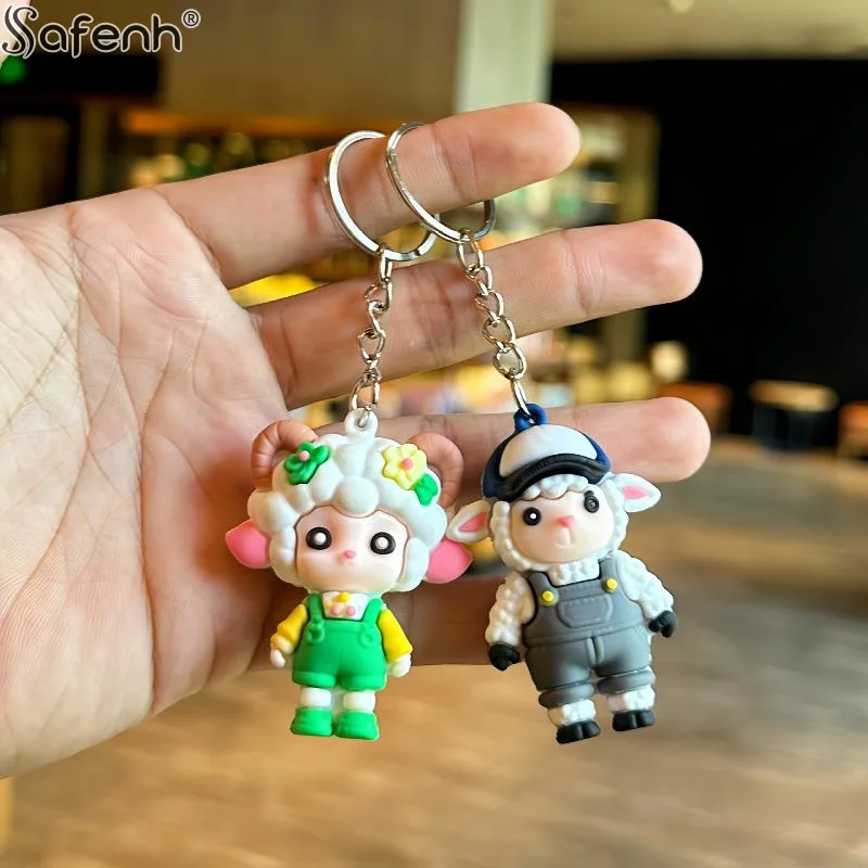 1PC Cute 3D Lamb  Cartoon Sheep PVC Keychains With Lovely Outfits Sturdy Metal Ring For Nice Bag Decor Gift For Kids And Friends