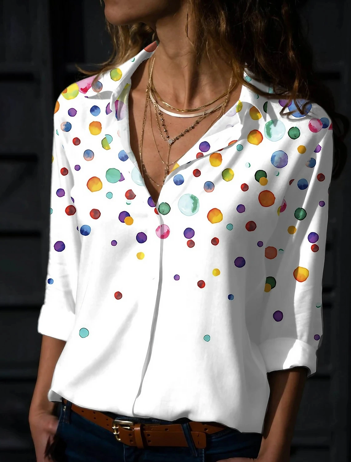 Camisa de manga larga con estampado degradado de mariposa para mujer, blusa informal con botones, cuello de pie, primavera y otoño, 2024