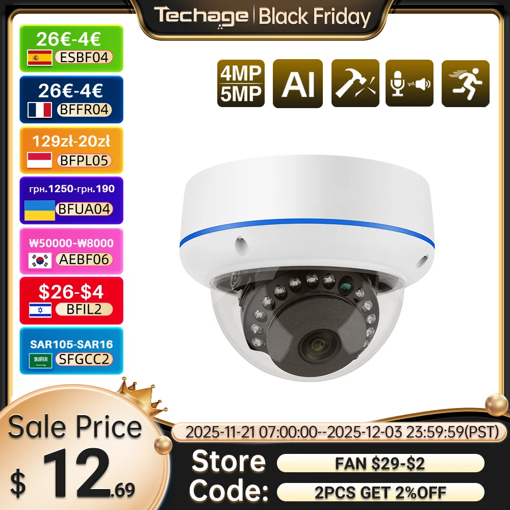 Techage H.265 4MP 5MP 실내 돔 48V POE IP 카메라 오디오 VandalProof IPC P2P 비디오 CCTV 보안 감시 Onvif 프로토콜