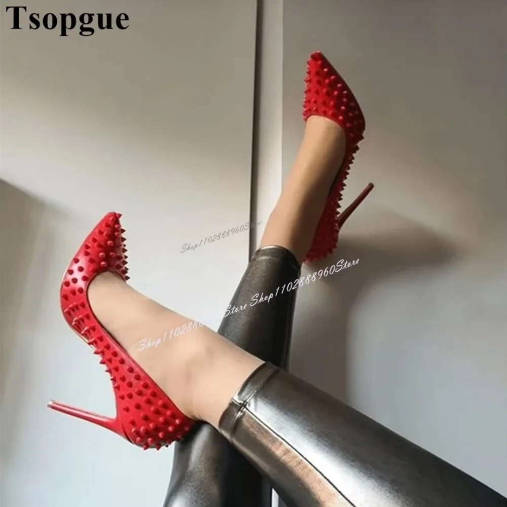 

Red Leather Rivet Decor Shallow Pointy Pumps Stilettos High Heel Women Shoes Slip On Pointed Toe Casual Elegant Party Pumps