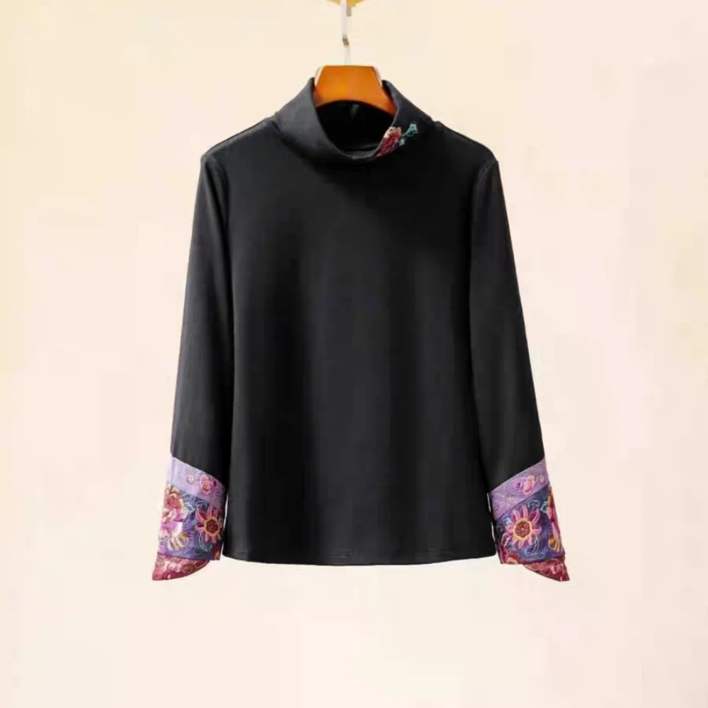 Chinese style women's clothes Black cotton T-shirts Vintage turtleneck embroidery tops long sleeve shirt Free shipping