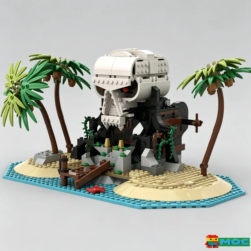 593PCS Tropical Pirate Skull Island Diorama MOC Jungle Scene Model Building Blocks Holiday Gift For Adventure Theme Display Toy