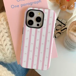 Ins Korean Pink Girl Striped Bow Phone Case Two-In-One Film Protective Shell for IPhone 16 15 14 13 12 11 Pro Max 11 Plus XR XS