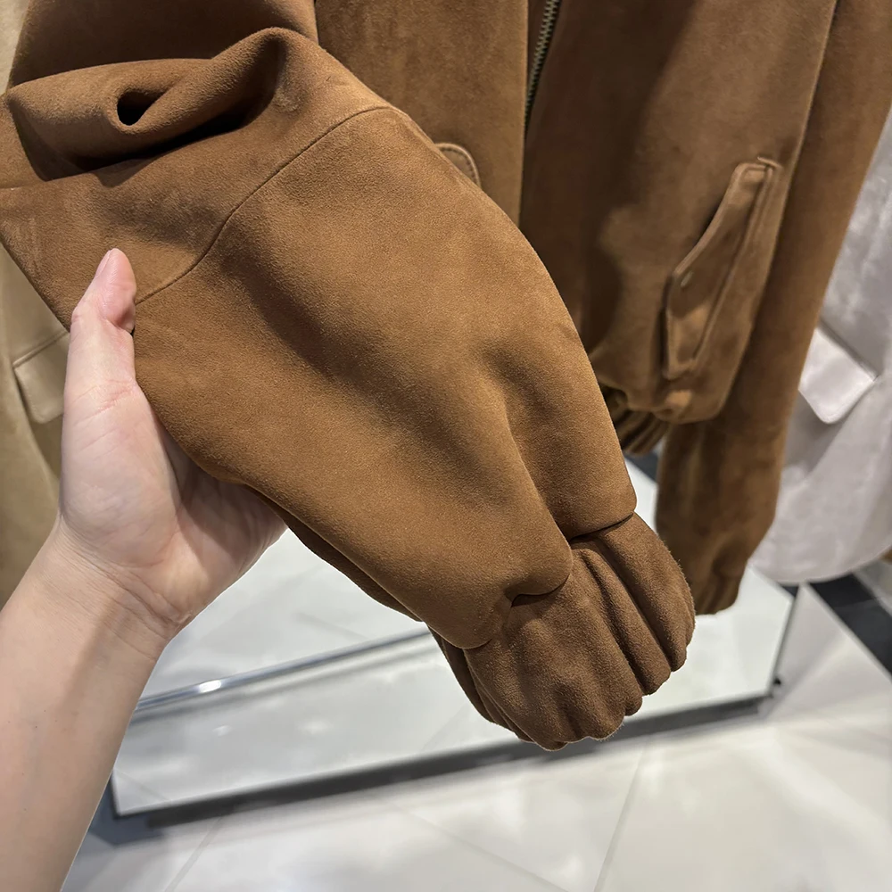 YOLOAgain Suede Leather Jacket Coat Women Real Leather Cropped Jacket Bomber Jacket