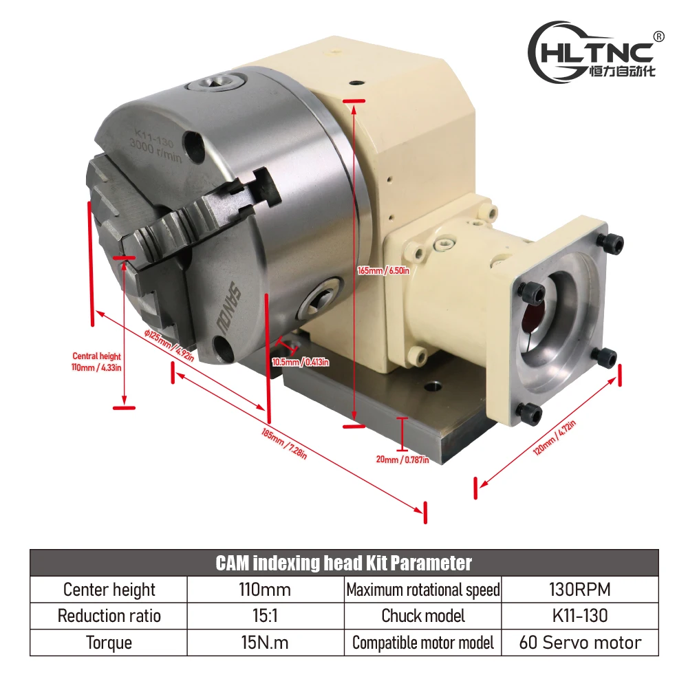 K11-130 Three Jaw Chuck Center Height 110 mm 130PRM Tail Seat  match with 60 servo motot  Cam sprocket kit for Cnc