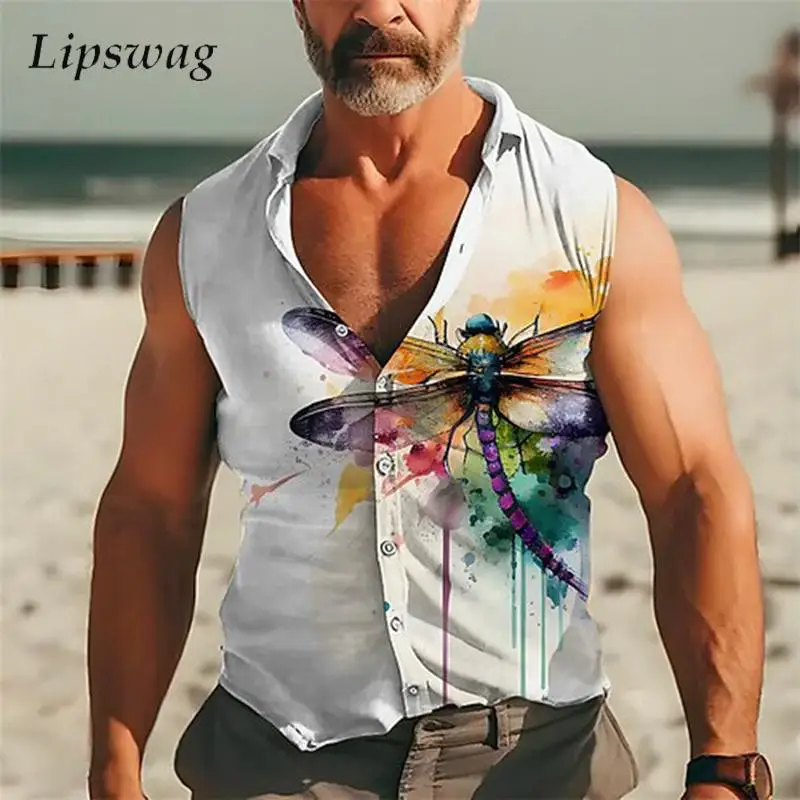 2024 Summer Casual Vest Shirts Men Vintage Pattern Printed Sleeveless Shirt For Mens Clothing Fashion Lapel Buttoned Camisoles