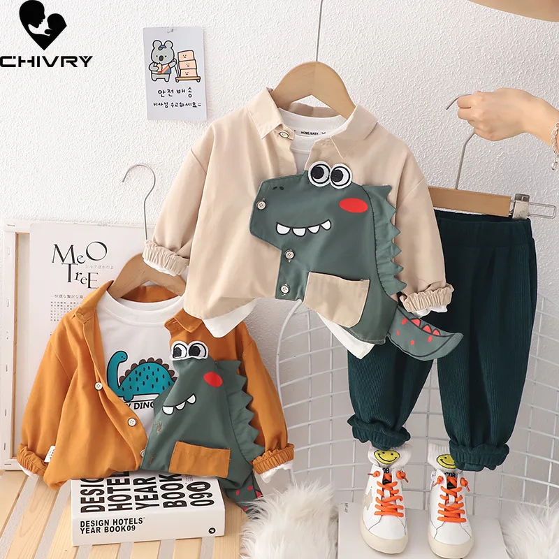 New 2023 Baby Boys Autumn Fashion Cartoon Dinosaur Lapel Jacket Sweatshirt with Pants Kids Fashion Three-piece Clothing Sets