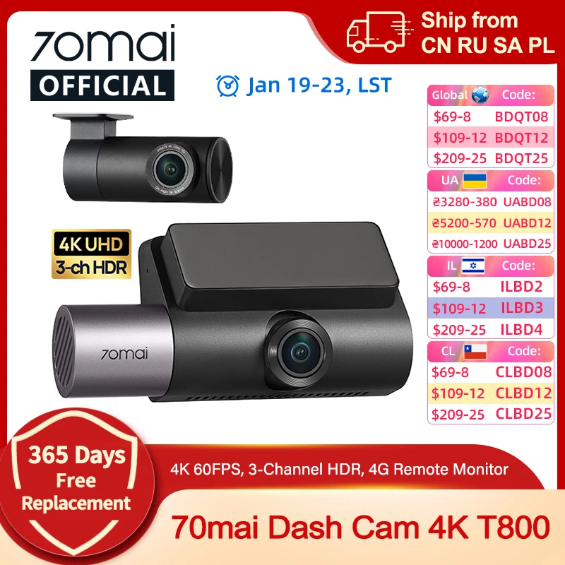 70mai Dash Cam 4K T800 3-channel HDR Supercapacitor Front Rear Cabin Record