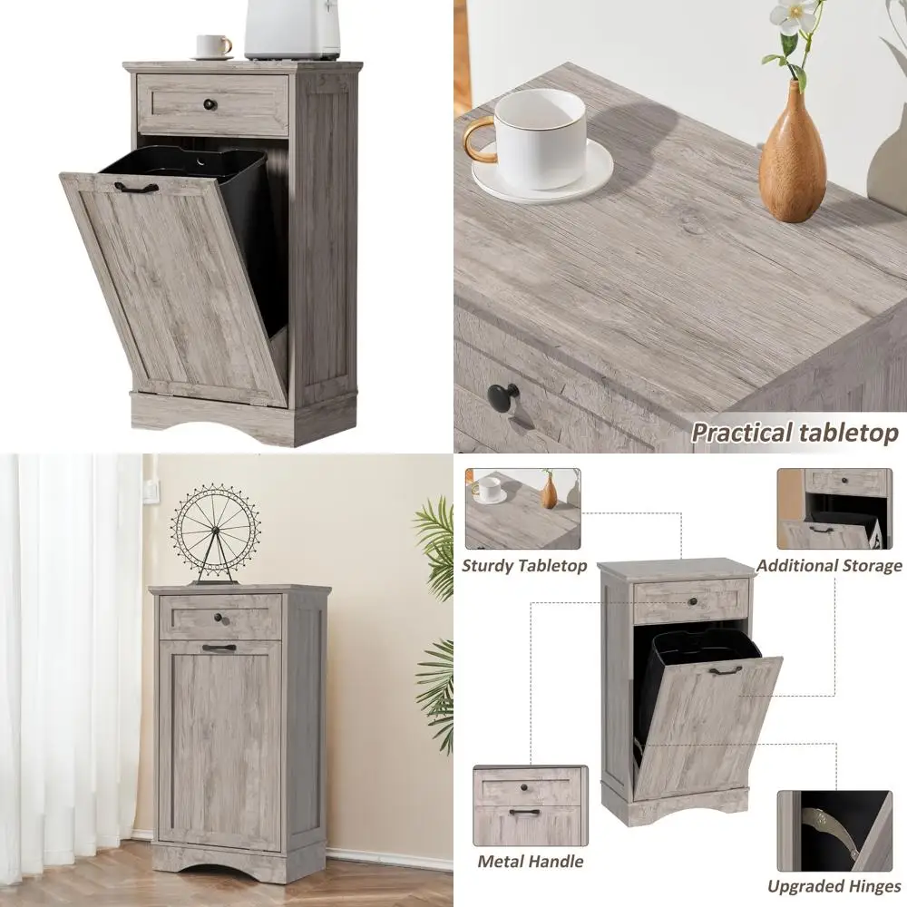 

Серый деревянный кухонный шкаф для мусора и вторсырья со скрытым контейнером для мусора, защищенным от домашних животных