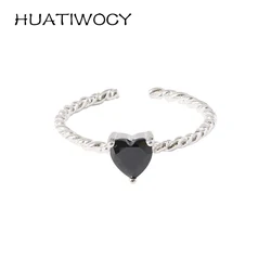 Romantic Heart Obsidian Ring for Women Accessories 925 Silver Jewelry Wedding Party Promise Engagement Gifts Open Finger Rings