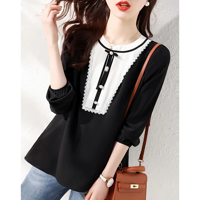 Fashion O-Neck Spliced Lace Beading Bow Blouses Women's Clothing 2023 Autumn Winter Loose Casual Pullovers Commuter Shirts