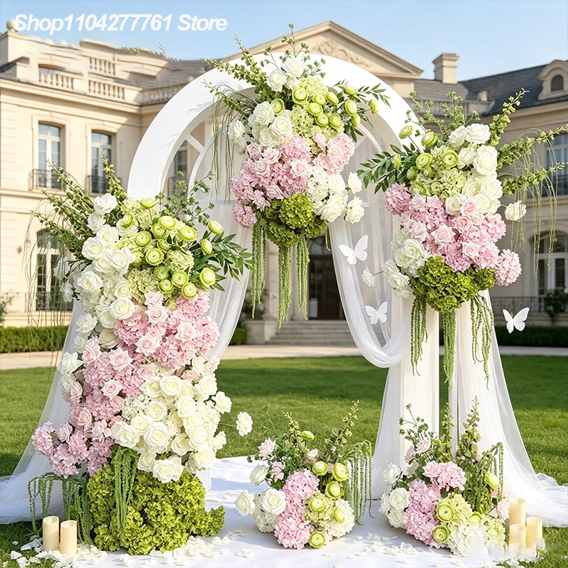 Grün-rosa-weiße Hortensien-Rosen-KT-Platten-Hängepflanze, Hochzeits-Hintergrunddekoration, Blumenarrangement, Event-Requisiten, Bodenblume für den Gang. – Detail 1