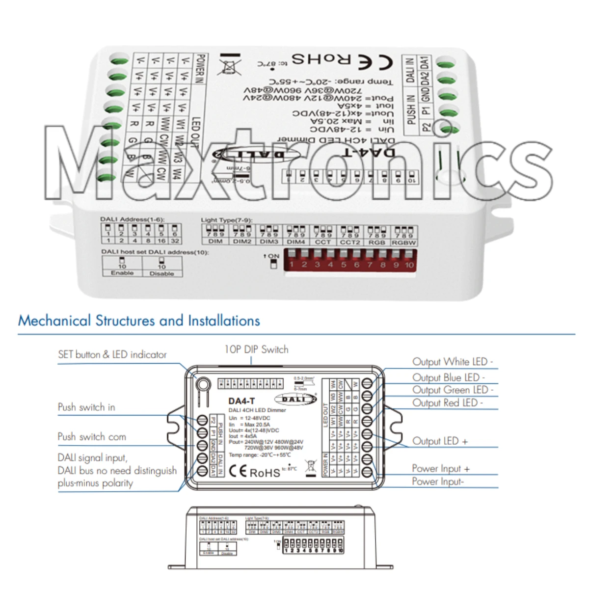 NEW Constant Voltage DALI LED Dimmer DA4-T（DT6/DT8 )12-48VDC Push Switch Dimmer for Single Color CCT RGB RGBW Dimmable LED Light