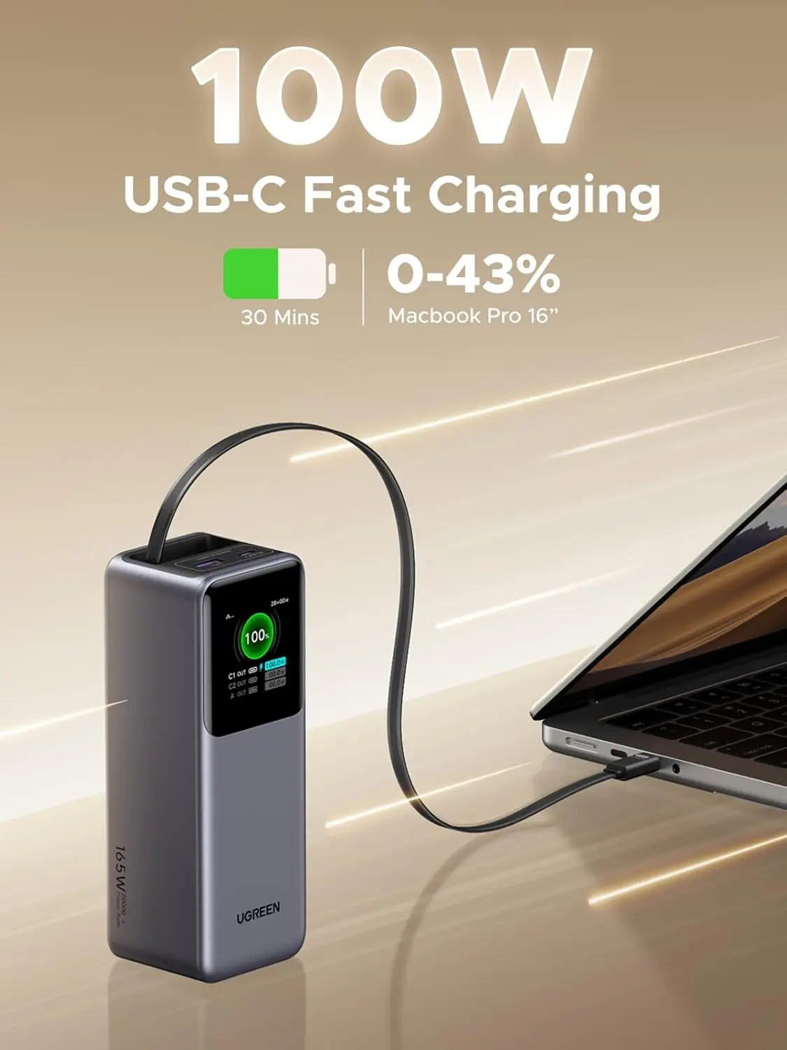 UGREEN Nexode Power Bank 20000mAh 165W con cable USB C incorporado Cargador portátil de viaje para computadora portátil, carga rápida de entrada de 100W
