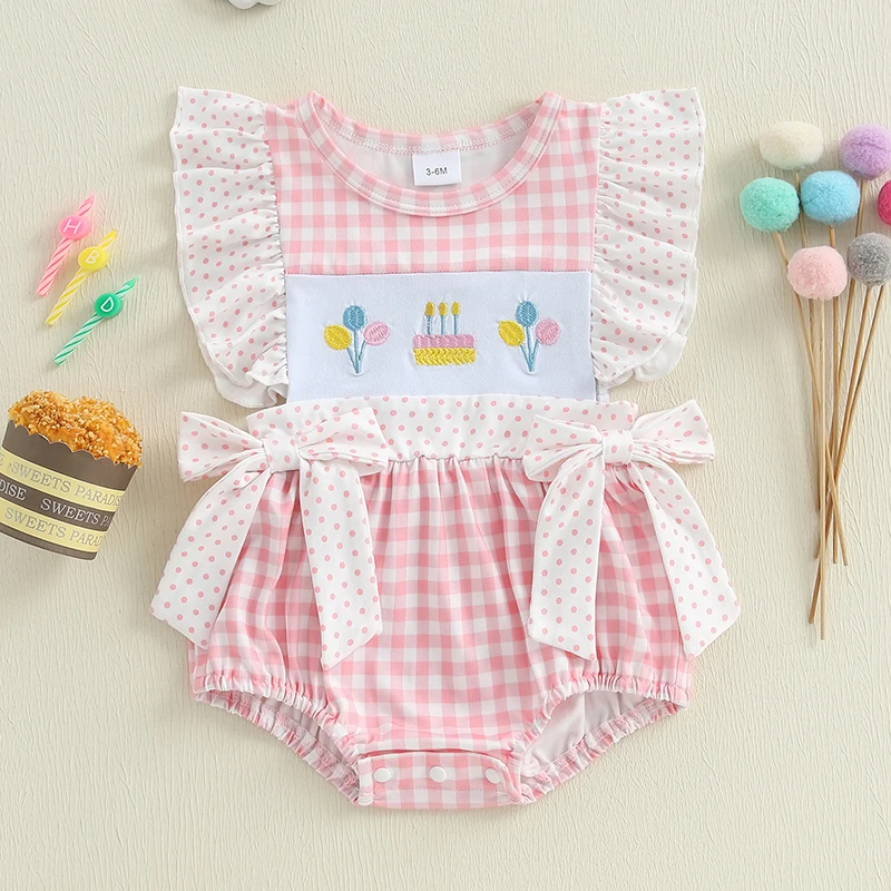 

Summer Newborn Baby Girls First Birthday Romper Flying Sleeve Cake Balloon Embroidery Plaid Dot Print Jumpsuit Baby Clothes