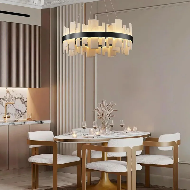 Modern Alabaster LED Chandelier round Pendant Lighting Gold Black for Dining Room Bedroom Bar Study - Marble Fixture