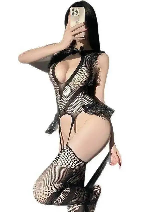 Sexy Lace Trim Fishing Net Bodystocking Fishnet Stockings Bare Back Exposed Buttocks Female Bodysuits Pure Desire Charming 8JAS