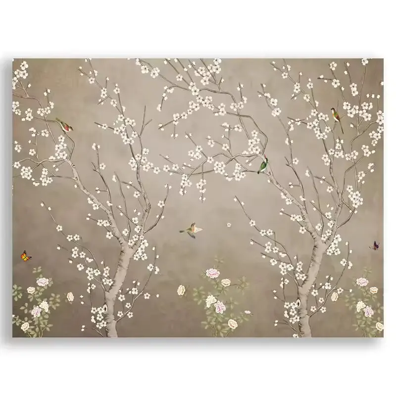Custom Flower and Bird Wallpaper New Chinese Pastoral Flower Living Room Bedroom Sofa Background Wall Hotel Decorative Mural 3D