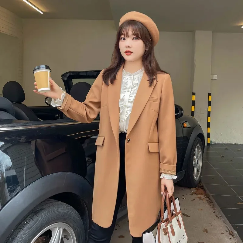 

Women's Fat mm Coat 2023 Autumn New Loose Suit Woman Simple one Button Long British Style Suit Coat Woman Solid Color Commute