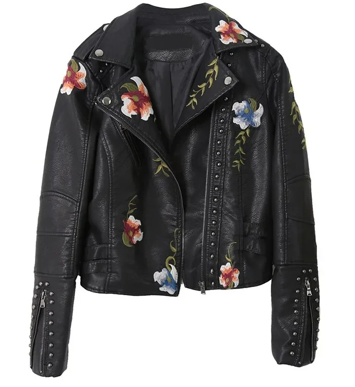 

New Women Retro Floral Print Embroidery Faux Soft Leather Jacket Coat Turndown Collar Pu Moto Biker Black Punk Outerwear