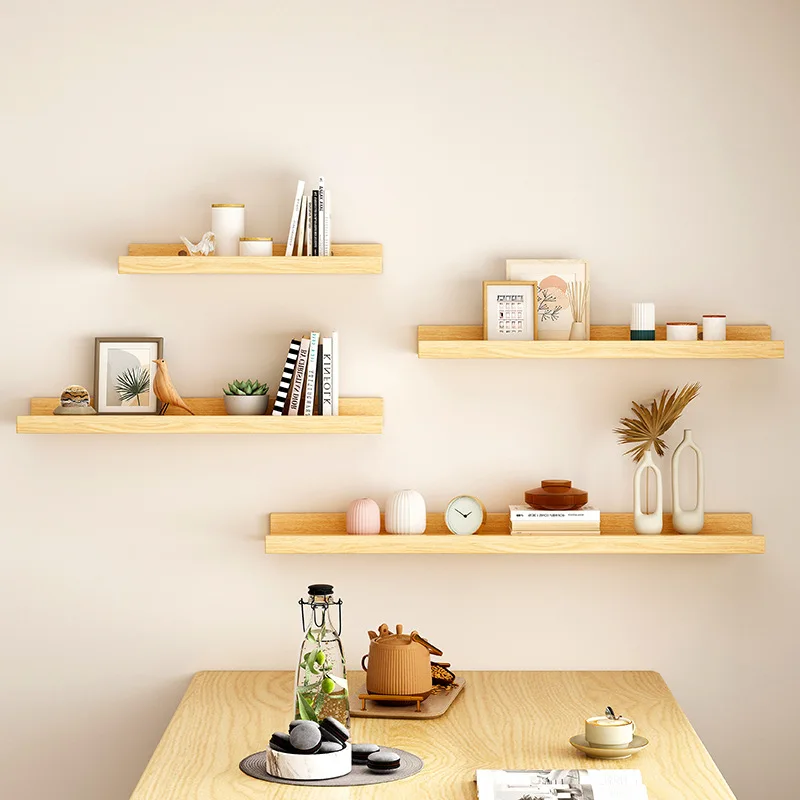 30cm Wall Shelf Home Living Room Wall Shelf Punched One-line Board Bookshelf Wall Decoration Solid Wood Small Rack