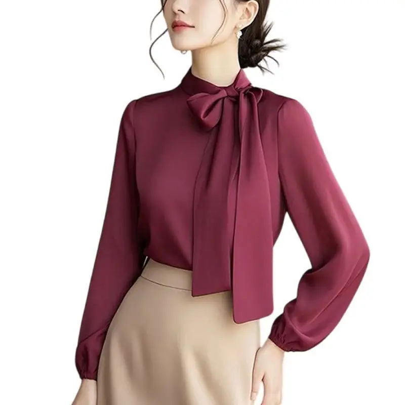 

Elegant Trend Lacing Bow Long Sleeve Blouse Autumn Ladies Temperament Solid Color Irregular Shirts Clothes Simplicity Tops XQ206