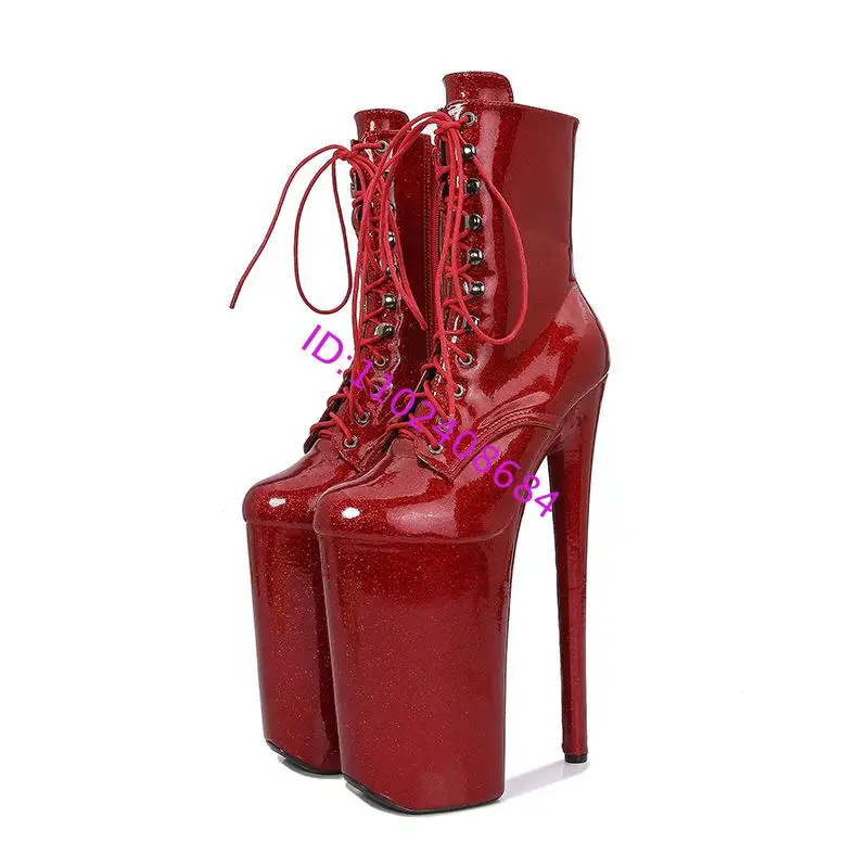 Sexy Women Nightclub Pole Dancing 26Cm High Slim Heele Platform Ankle Boots Crystal Glossy Patent Leather Lace Up Platform Boots