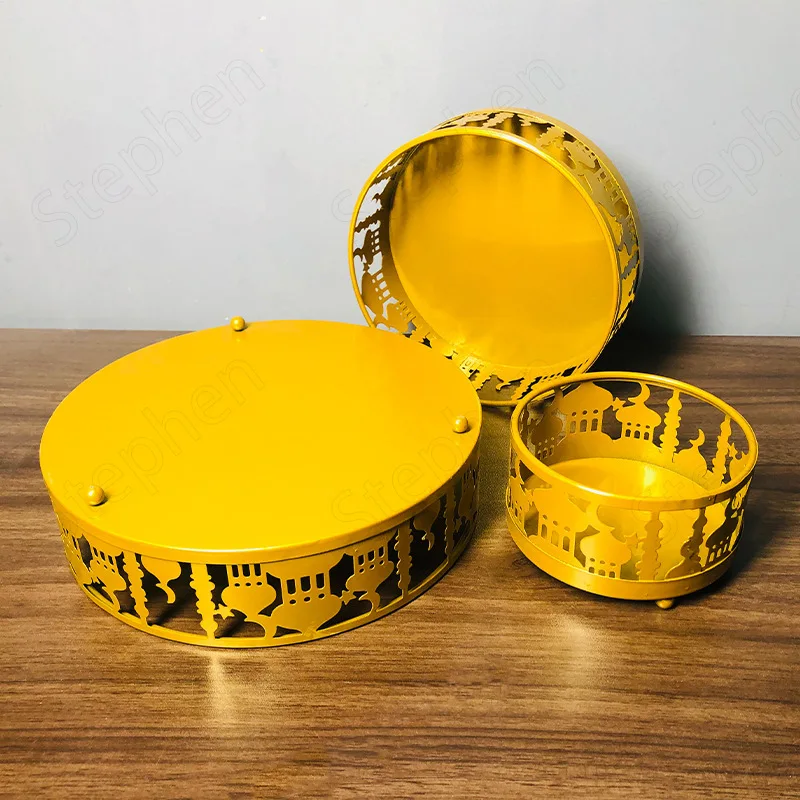 3Pcs/Set Golden Castle Trays Decorative Gold Muslim Eid Al-Adha Food Tray Round Metal Coffee Table Tray Living Room Decoration