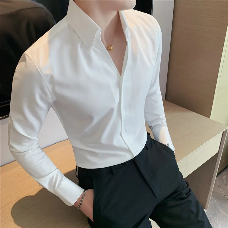 

Белая мужская рубашка с длинным рукавом и V-образным вырезом, деловая повседневная рубашка в британском стиле, неаполитанская, весенне-осенняя, модная, молодежная, из полиэстера, спа-серия.