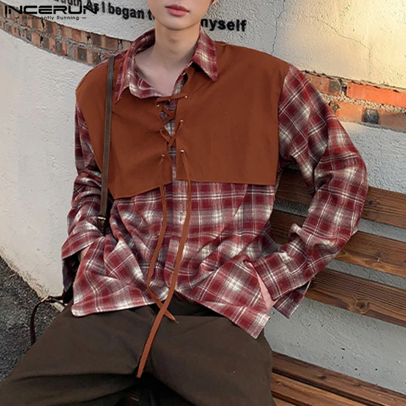 

INCERUN Men Shirt Plaid Patchwork Lapel Long Sleeve Loose Men Clothing Streetwear 2025 Lace Up Button Fashion Male Shirts S-5XL