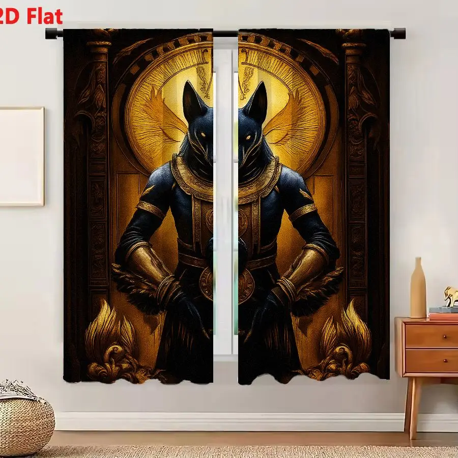 2Pcs Curtains Add 2D Flat Majestic Anubis Warrior God With Glowing Third Eye And Dark Blue Armor In Ornate Golden Egyptian Setti