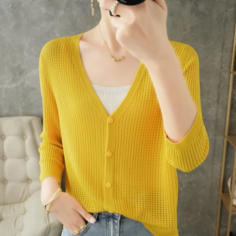 Sunscreen Cardigan Women\'s Seven Points Sleeves Breathable Hollow Thin Small Jacket 22 Spring Summer V-Neck Ice Silk Knitted Top