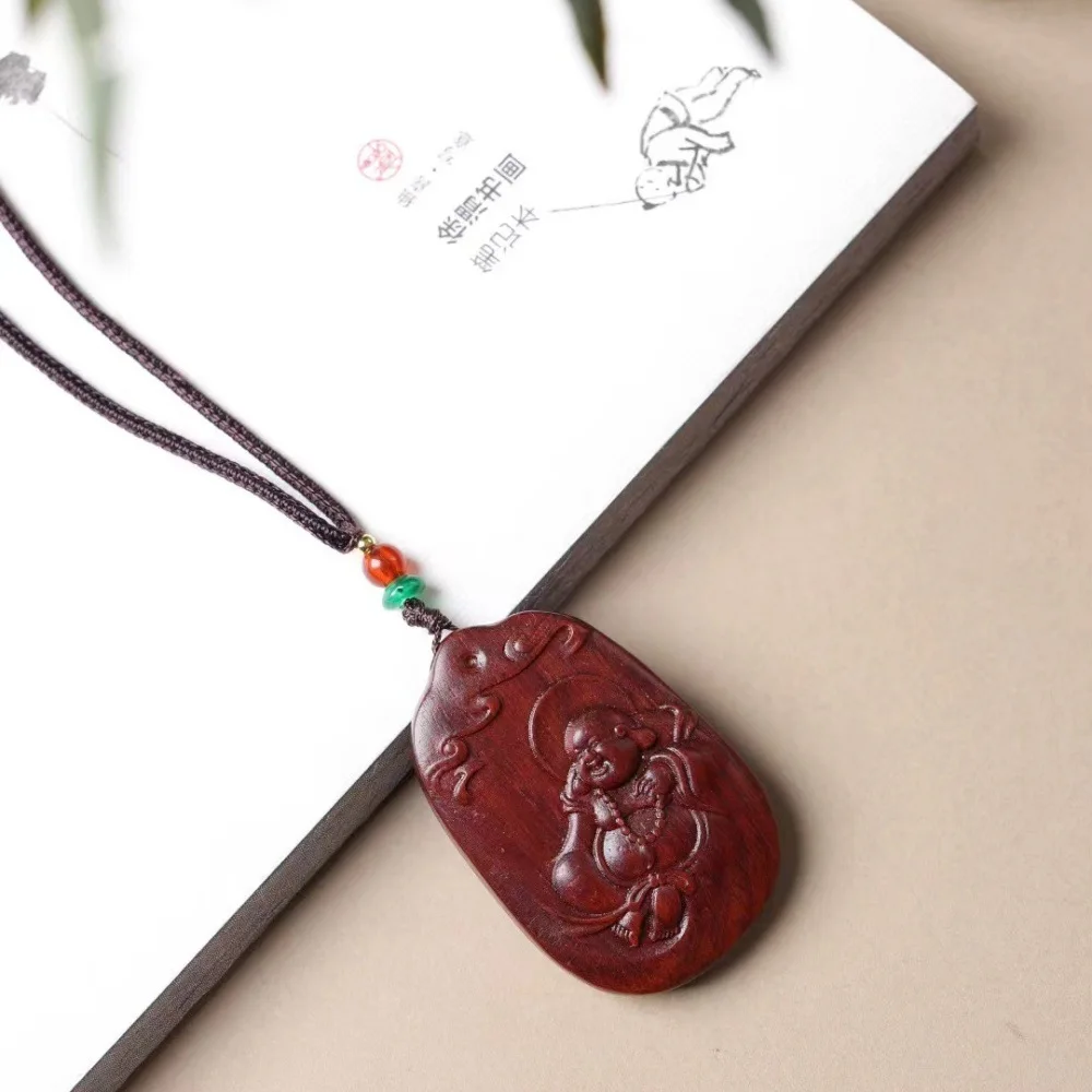 Natural Red Sandalwood Maitreya Buddha Pendant Wood Carving Big Belly Laughing Buddha Amulet Neck Hanging Wenwan Craft Gift