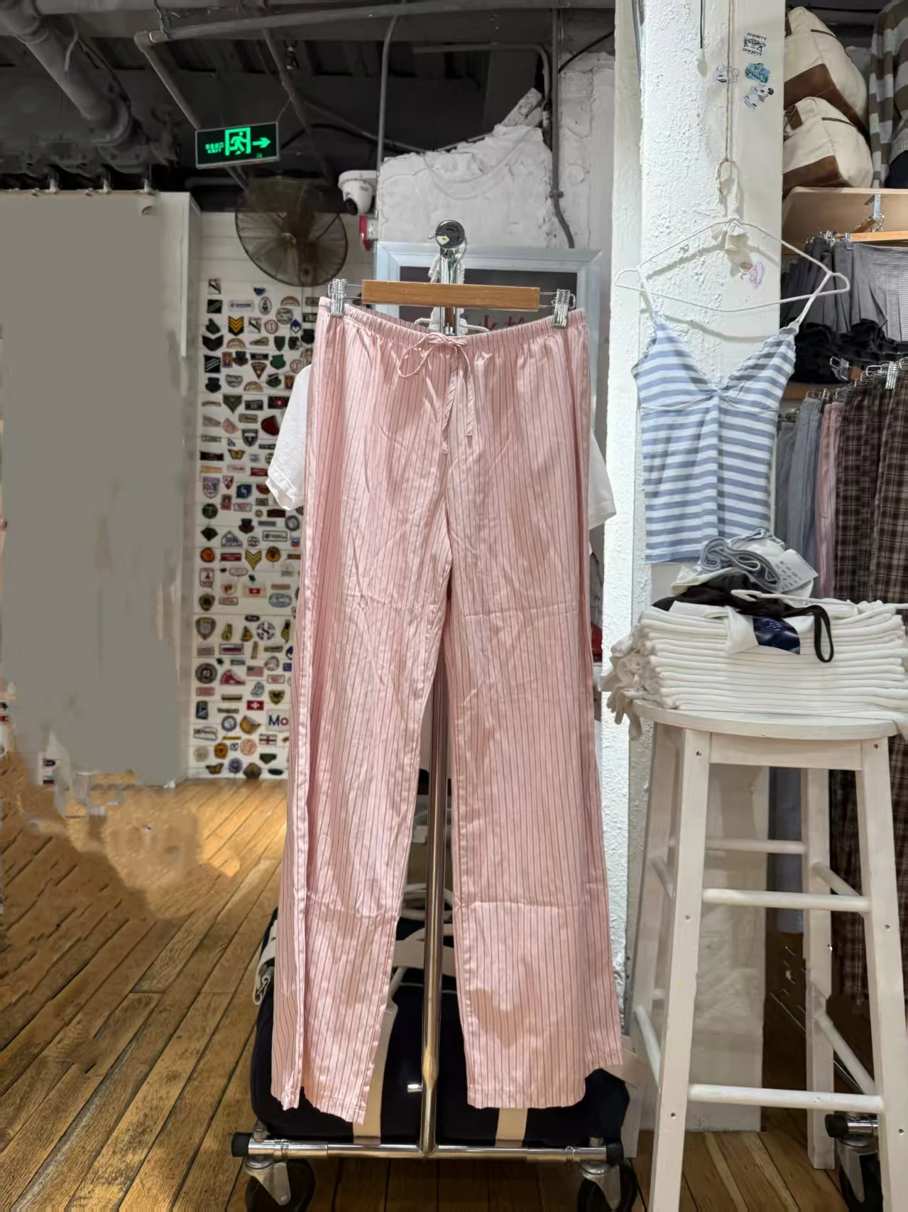 

American Sle Striped Belted Straight Leg Casual Pants Simple Elastic Waist Wide Leg Pants Brandy BM Cotton Women's Pants