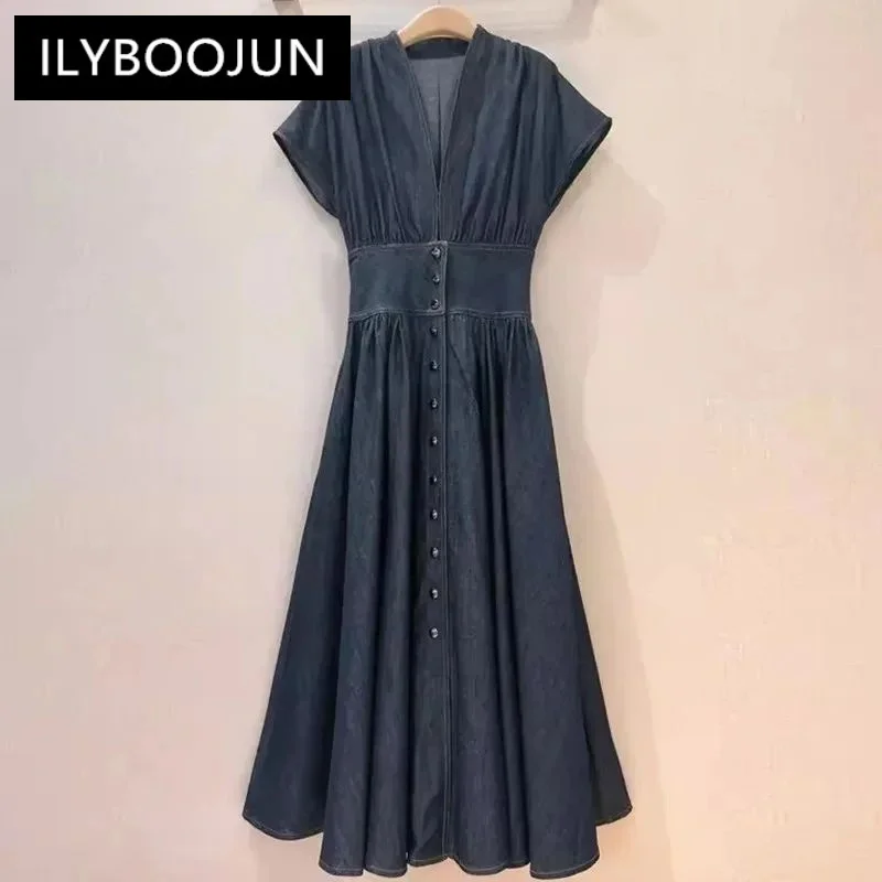 ILYBOOJUN Fashion Designer Spring Summer women\'s Cotton Short Sleeve Single-Breasted Folds Streetwear Dark Blue Denim Dresses