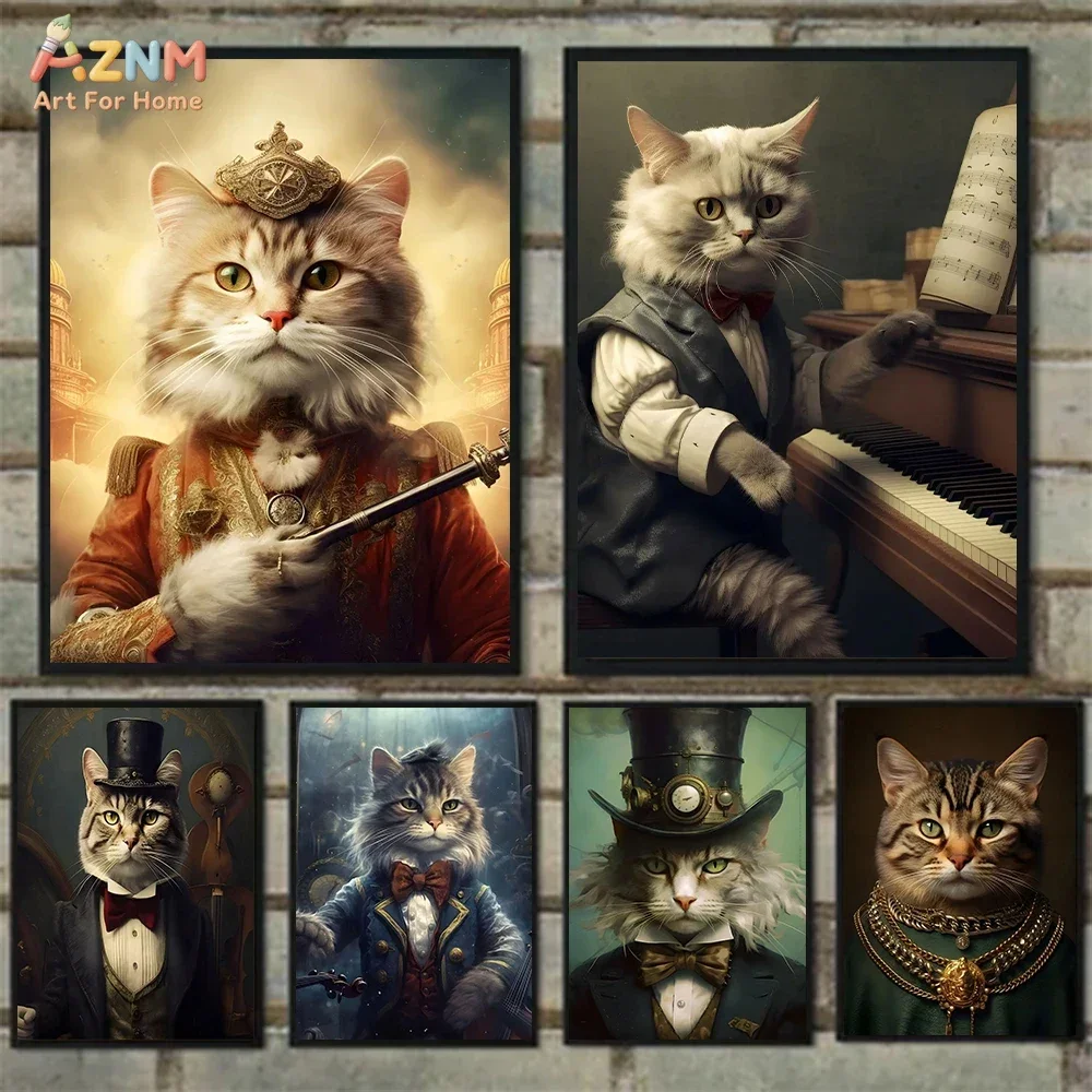 3PCS Vintage Steampunk Gentleman Cat Canvas Wall Art Royal Music Cat Portrait Unframed Decor Poster