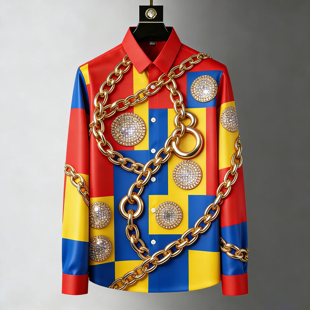 Men's Long Sleeve Gold Chain High Definition Print Hawaiian Vacation Leisure White Shirt Business Men's Clothing Fast Shipping
