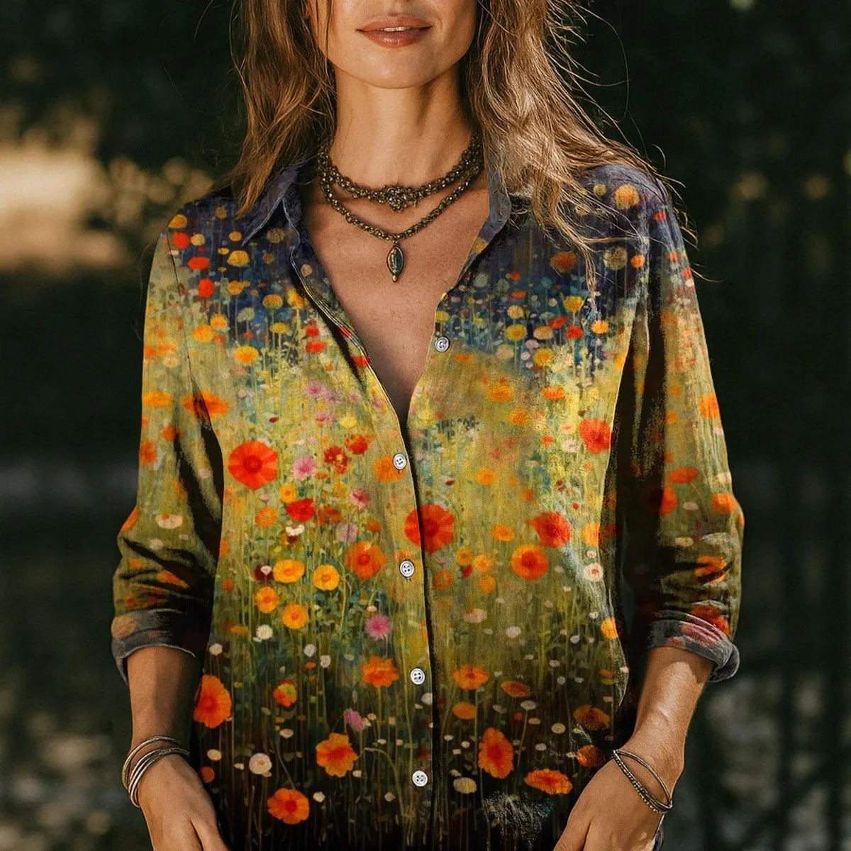 

Long Sleeve Blouse Lapel Collar 3d Floral Blouses Oversized Fit Women's Blouse Artistic Floral Green Base Button-Up Blouse V